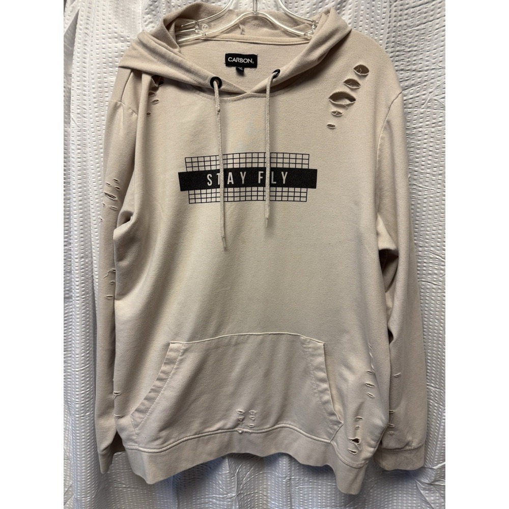 Carbon Men's Beige Distressed Hoodie Size XXL Skateboard Motorcross Grunge FLAWS